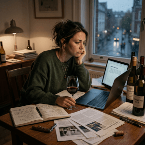 Woman sitting at table with wine glass, notebooks, laptop, and wine bottles, looking thoughtful